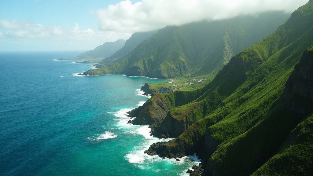 Aerial documentary photograph of Hawaii sea cliffs with natural green vegetation and Pacific surf